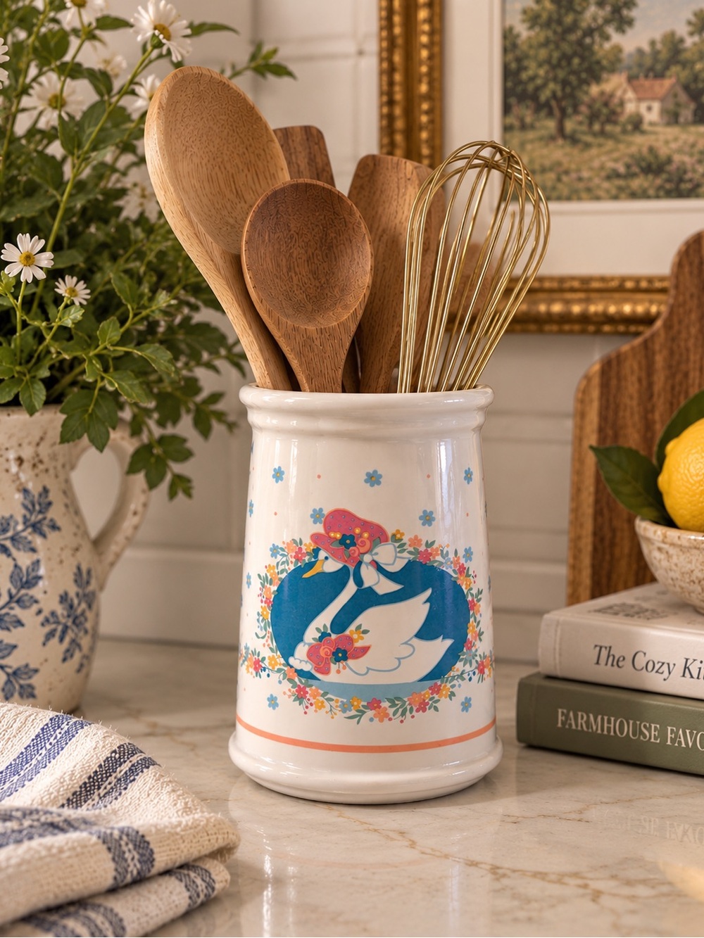 Ceramic Swan Utensil Crock in White with Floral Blue Accent